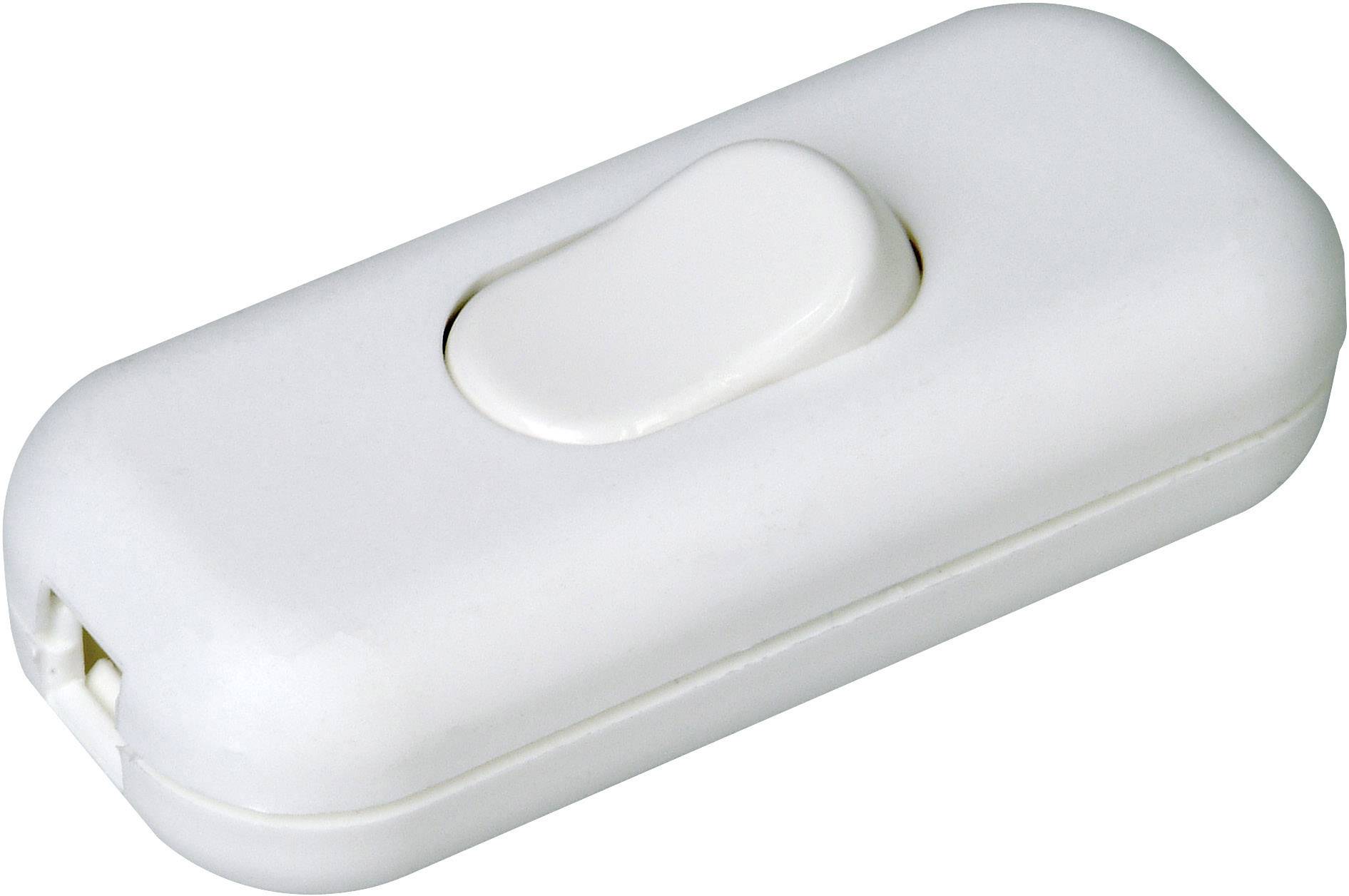 A white rocker switch in a rectangular shape, for switching devices on and off.