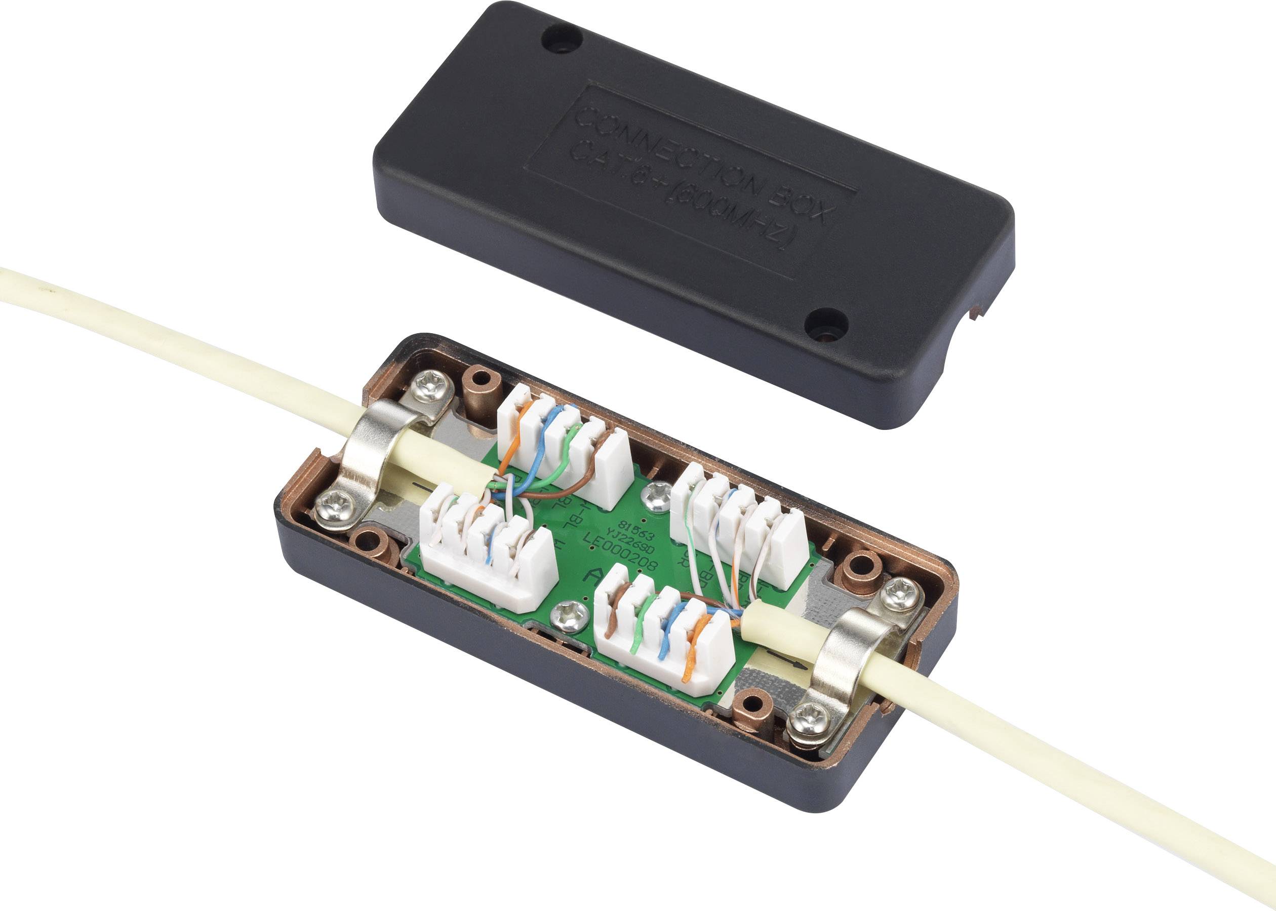 In the image, an open waterproof cable connection can be seen. A cable runs through the box, which displays electrical connections.