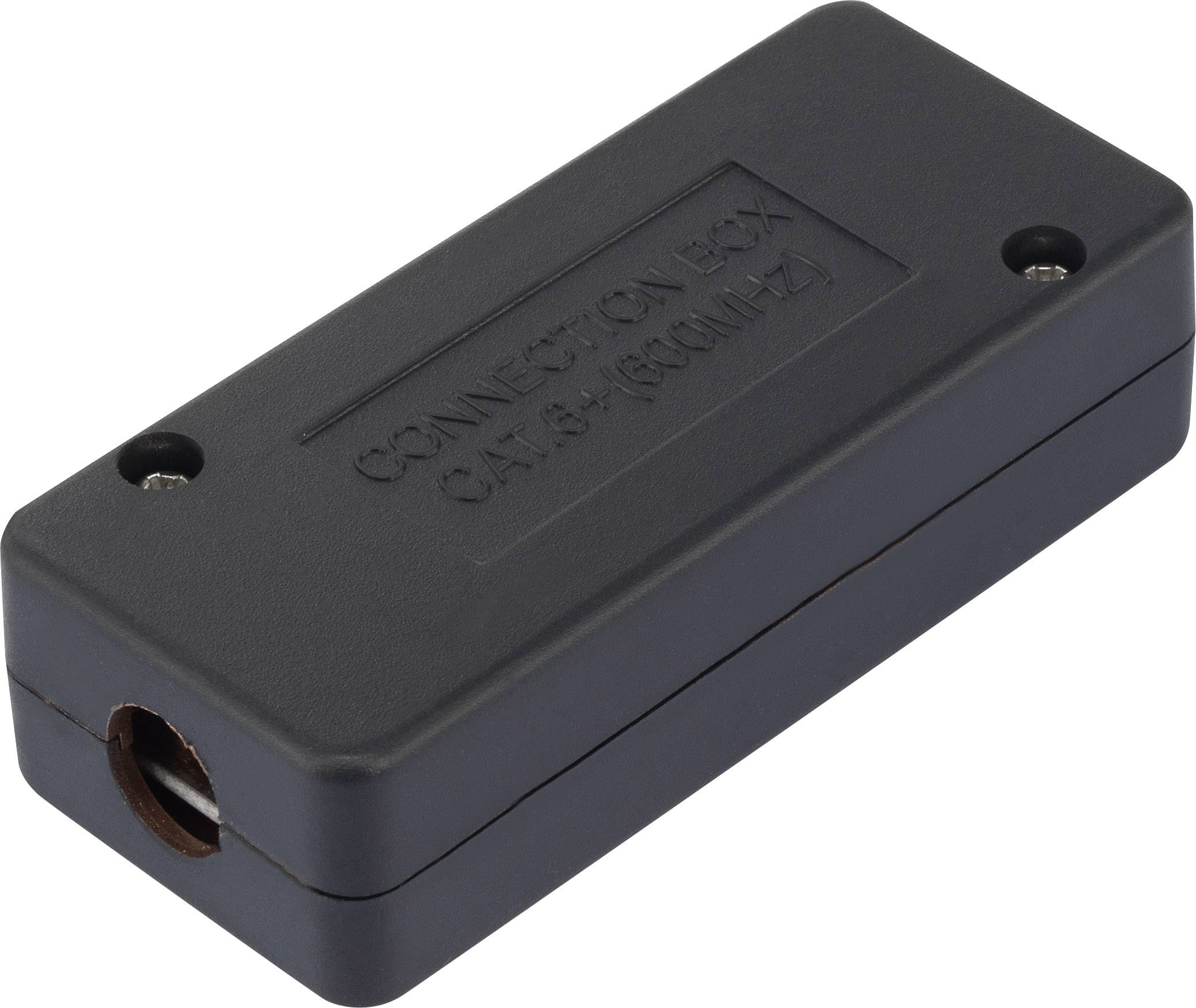 Black rectangular connection box with the inscription 'Connection Box CAT 5/1600MHz', suitable for network cable connections.