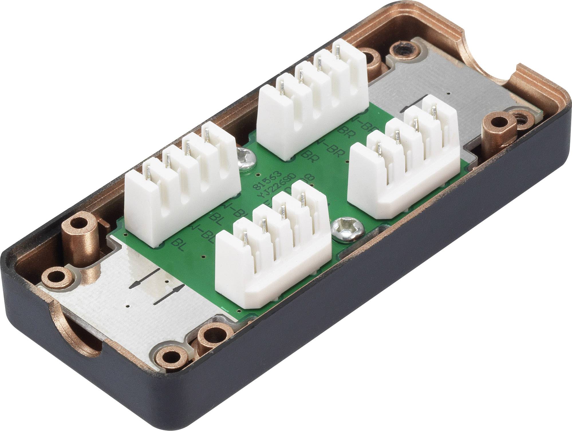 Electronic component with a green circuit board, four white connectors, and a black casing.