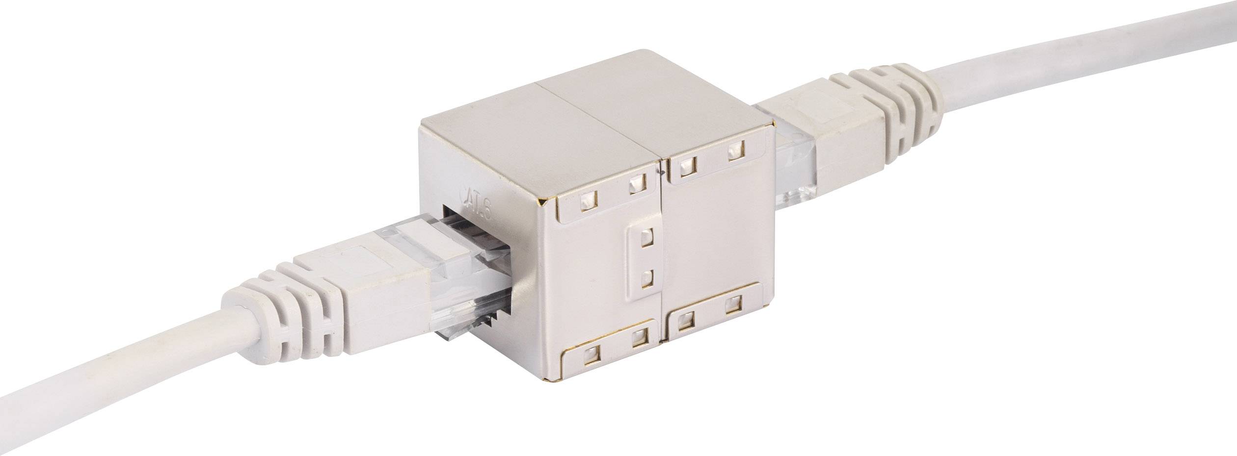 An Ethernet cable coupler connects two network cables to extend the range.