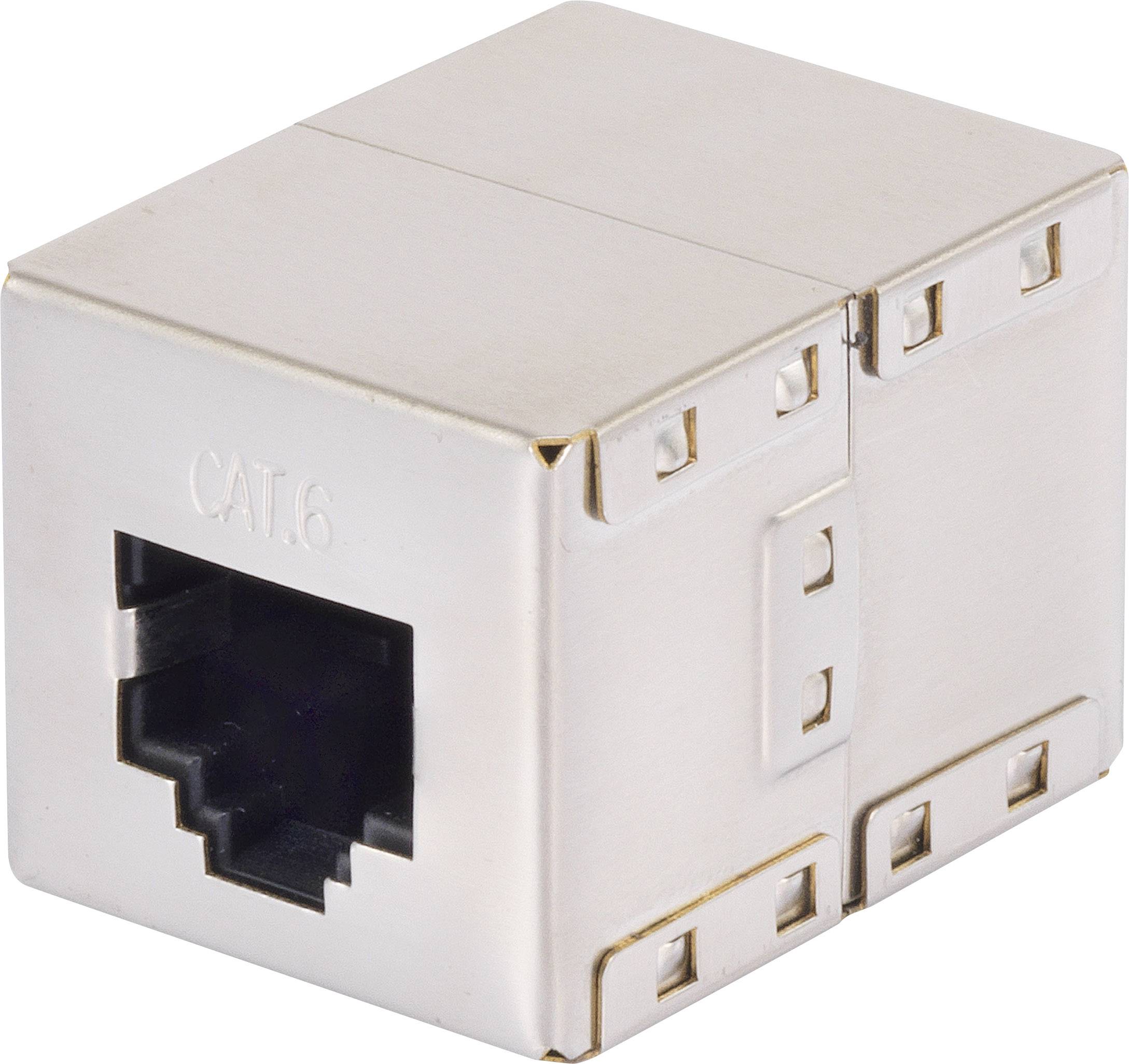 A silver CAT.6 network coupler for connecting Ethernet cables.