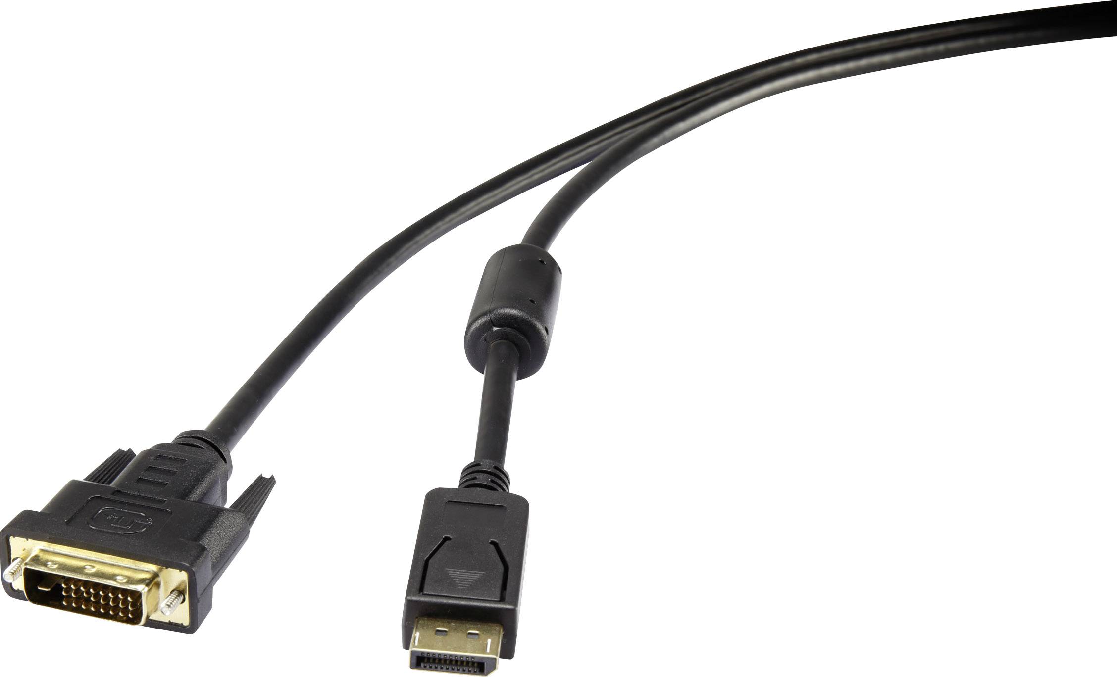 A black cable with a DVI connector (left) and an HDMI connector (right); used for connecting digital devices.