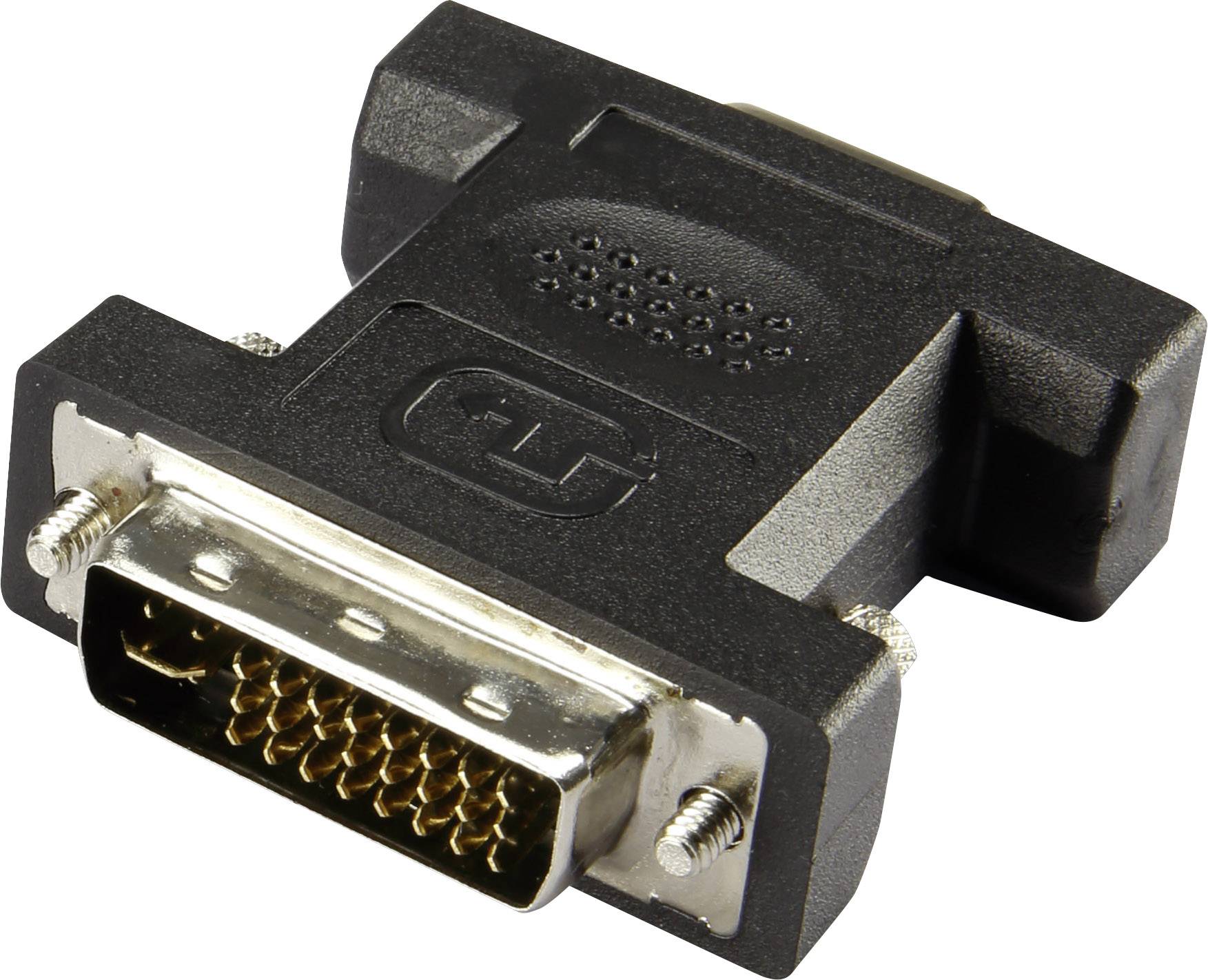 A black adapter with a DVI plug used for connecting different devices for video transmissions.