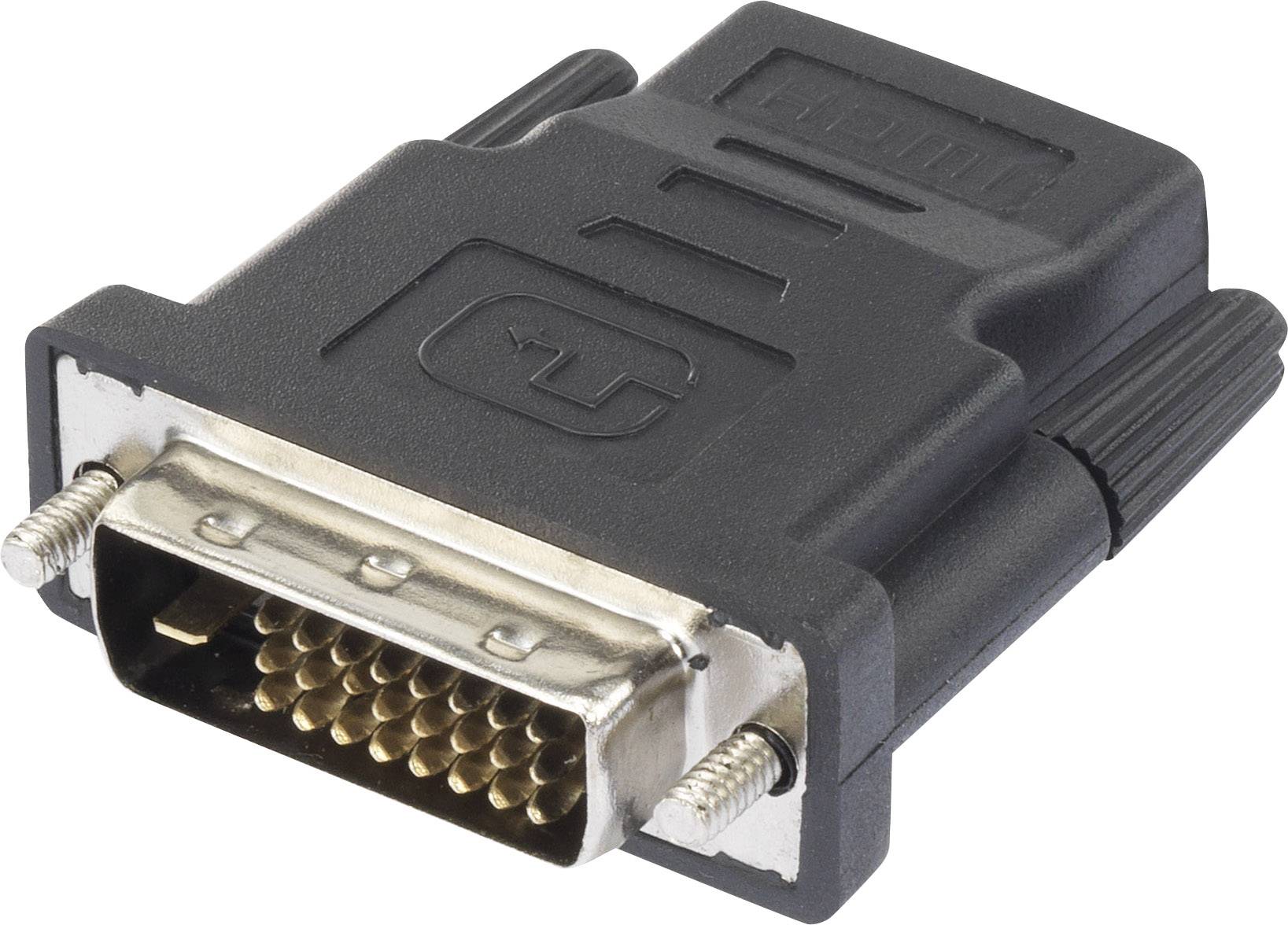 DVI-to-HDMI adapter with a black plastic casing and metal connectors, enabling connection between DVI and HDMI cables.