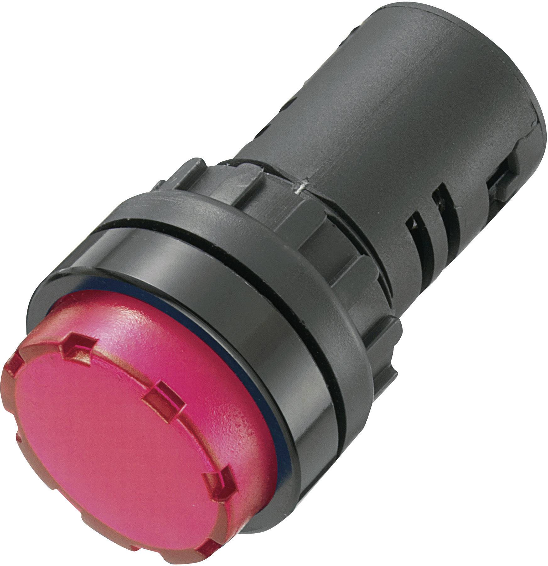 A red emergency stop button in a cylindrical shape, bordered in black. Used in emergency situations to quickly halt machinery.