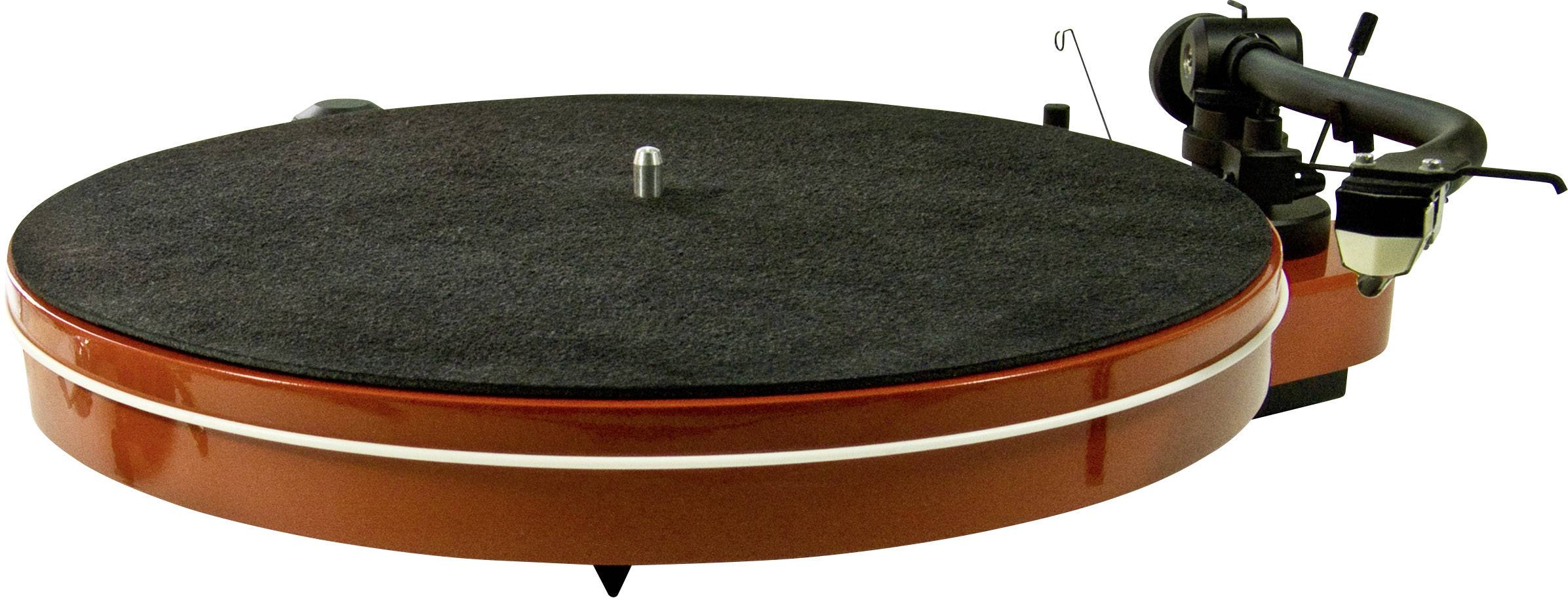 A stylish record player with a red, round housing and a black turntable, suitable for playing vinyl records.