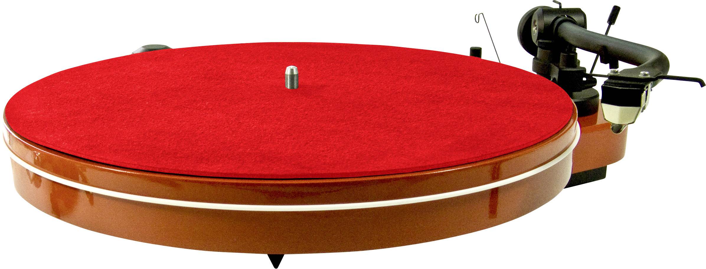 Record player with a red turntable platter and black tonearm, suitable for playing vinyl records in a modern design.