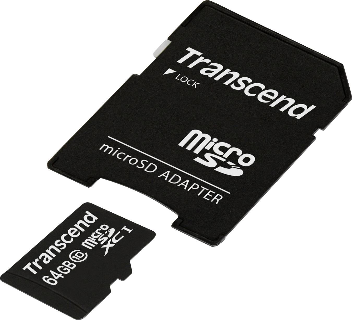 A Transcend microSD adapter next to a 64GB microSDXC card.
