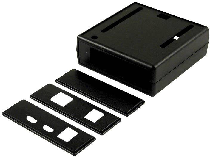 Black plastic electronic enclosure with multiple removable front panels, suitable for custom modifications.