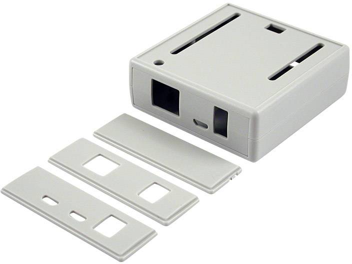 Device in a grey enclosure with removable cover plates and visible connections. Contains openings for plug connections.