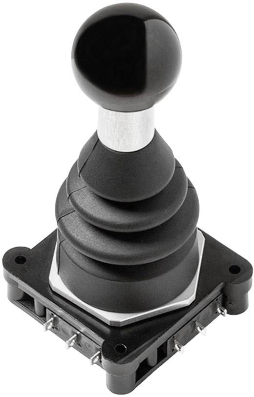'A black joystick with a ball handle, mounted on a metallic base with four pins at the base.'Note: The translation is already very close to British English, so minimal changes were needed. The vocabulary and phrasing are standard in British English.