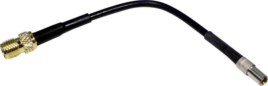 A black, flexible coaxial cable with gold and silver connectors at both ends.