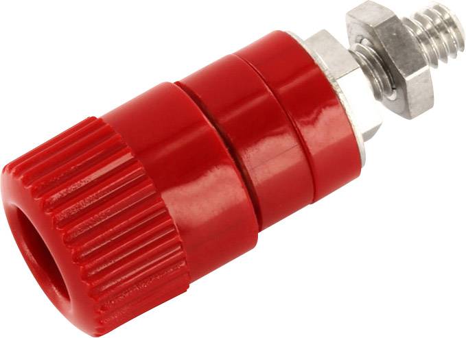 Red isolated banana plug with knurled sleeve and metallic screw connection, suitable for electrical connection.