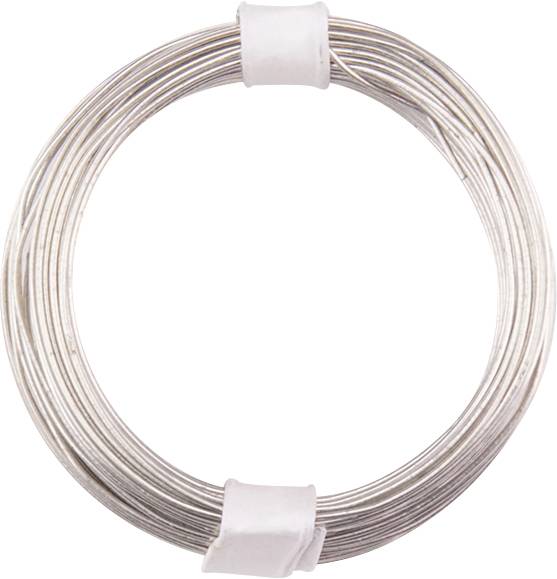 A coiled spool of silver-coloured wire, held by two white bands, against a neutral background.