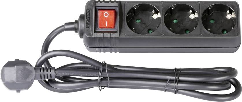 A black multi-socket extension with three plug sockets and a red power on/off switch. A long cable is coiled up.
