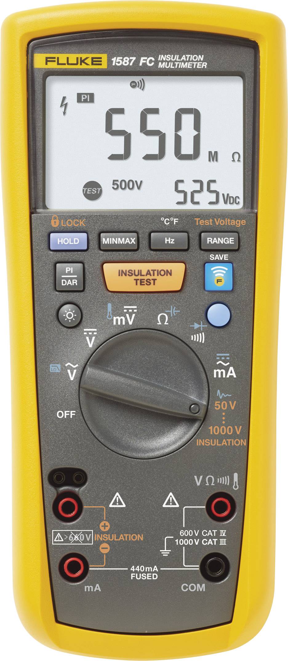 A yellow multimeter with a display shows 550 MΩ (megaohm) at 500 V. Various buttons and symbols for measurement and insulation testing are visible.