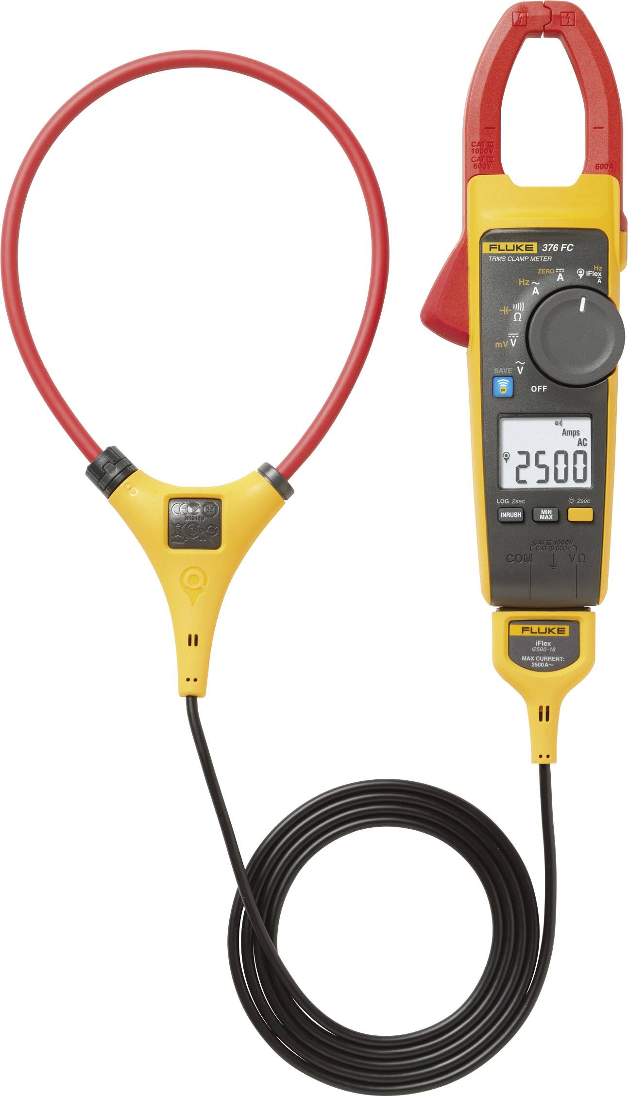 A digital clamp multimeter with a red flexible measuring cable, displaying a value of 2500 on the screen, suitable for current measurements.