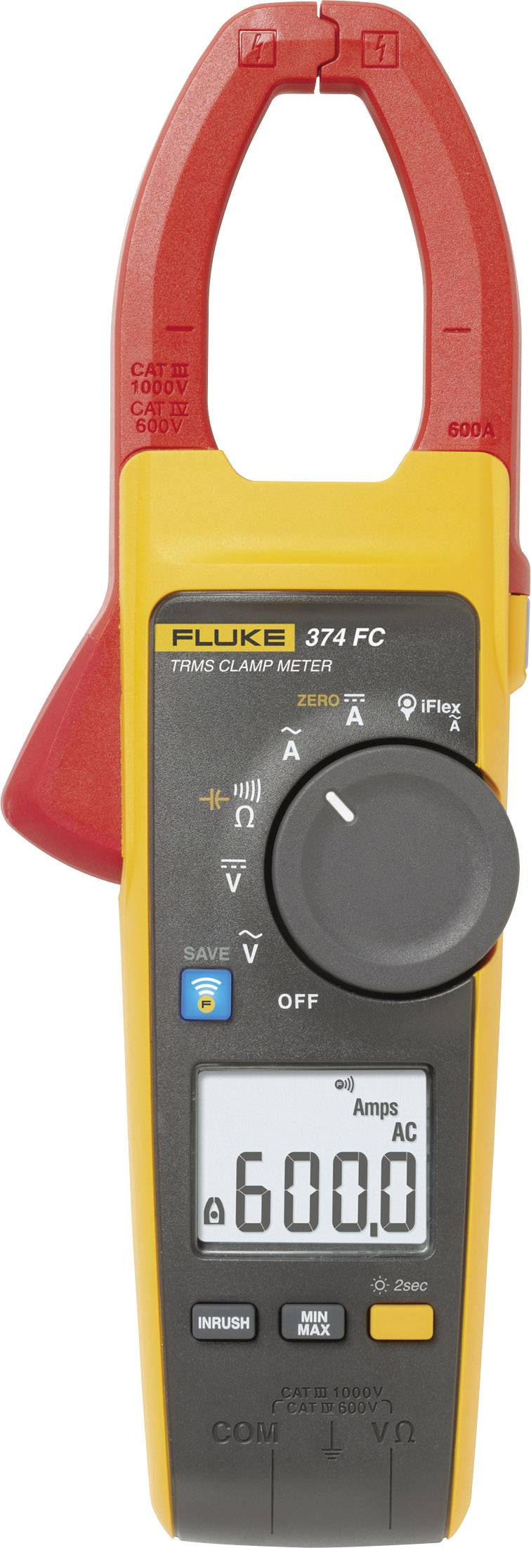 Digital ammeter with a yellow casing and red clamp. Display shows '600.0 Amps AC'. Markings for voltage and current types.
