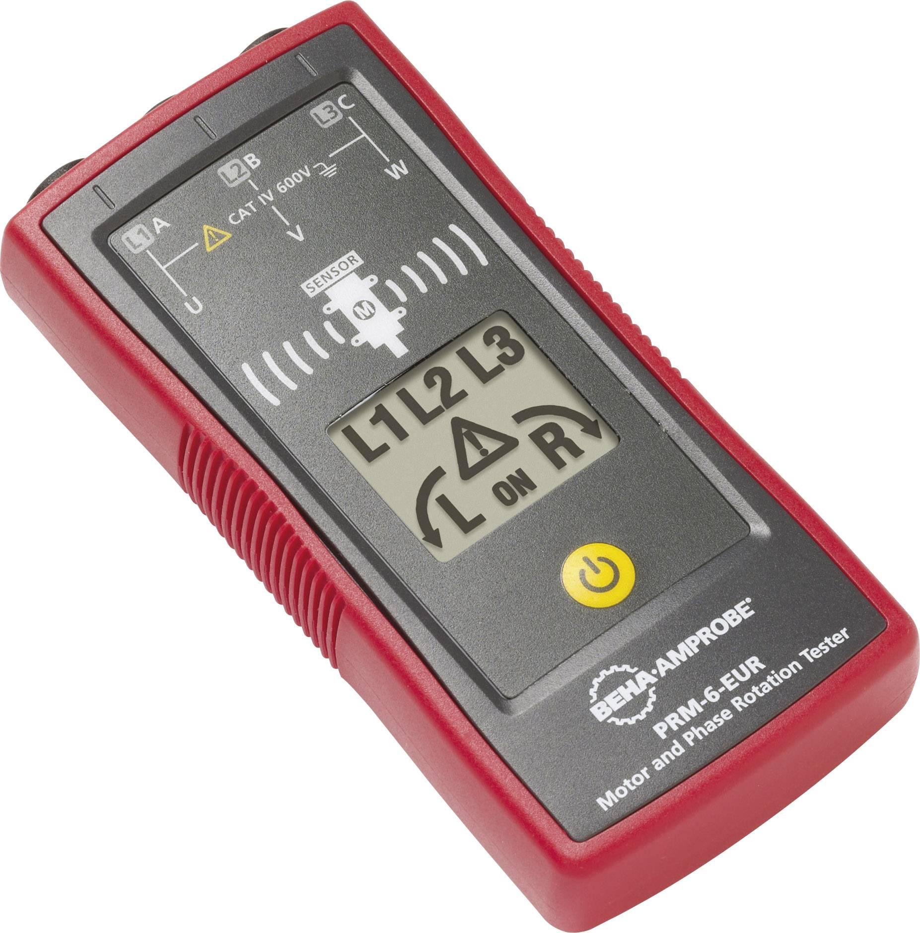 A red phase tester with a display, showing 'L1 L2 L3' and 'ON R'. Buttons and warning symbols are visible.