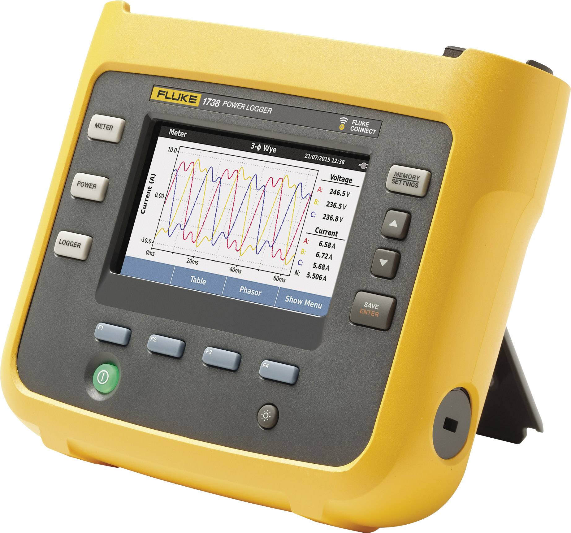 A yellow portable device for measuring electrical parameters displays a wave-shaped graph of voltage and current on its screen.