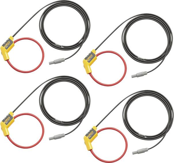 Five red and black current clamps with yellow sensors, each with a long connecting lead, are depicted in a diagonal arrangement.