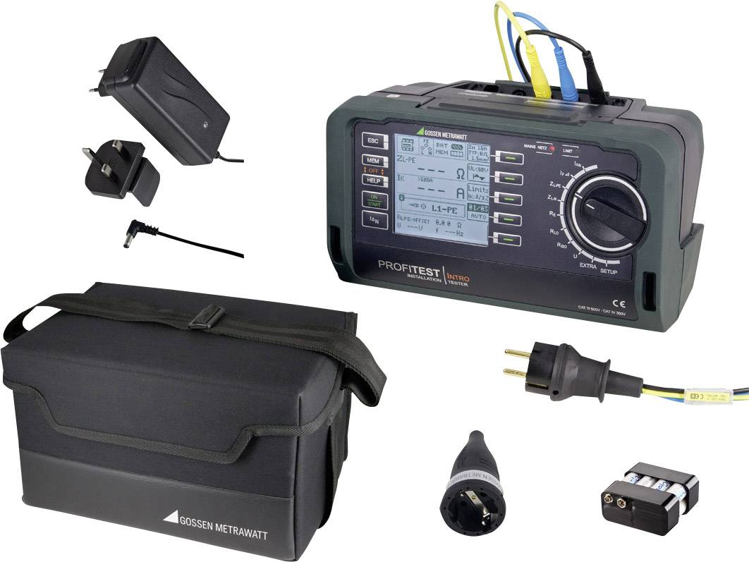 A portable electric testing device with accessories, including a power supply, adapters, carrying case, and cables, for testing installations.