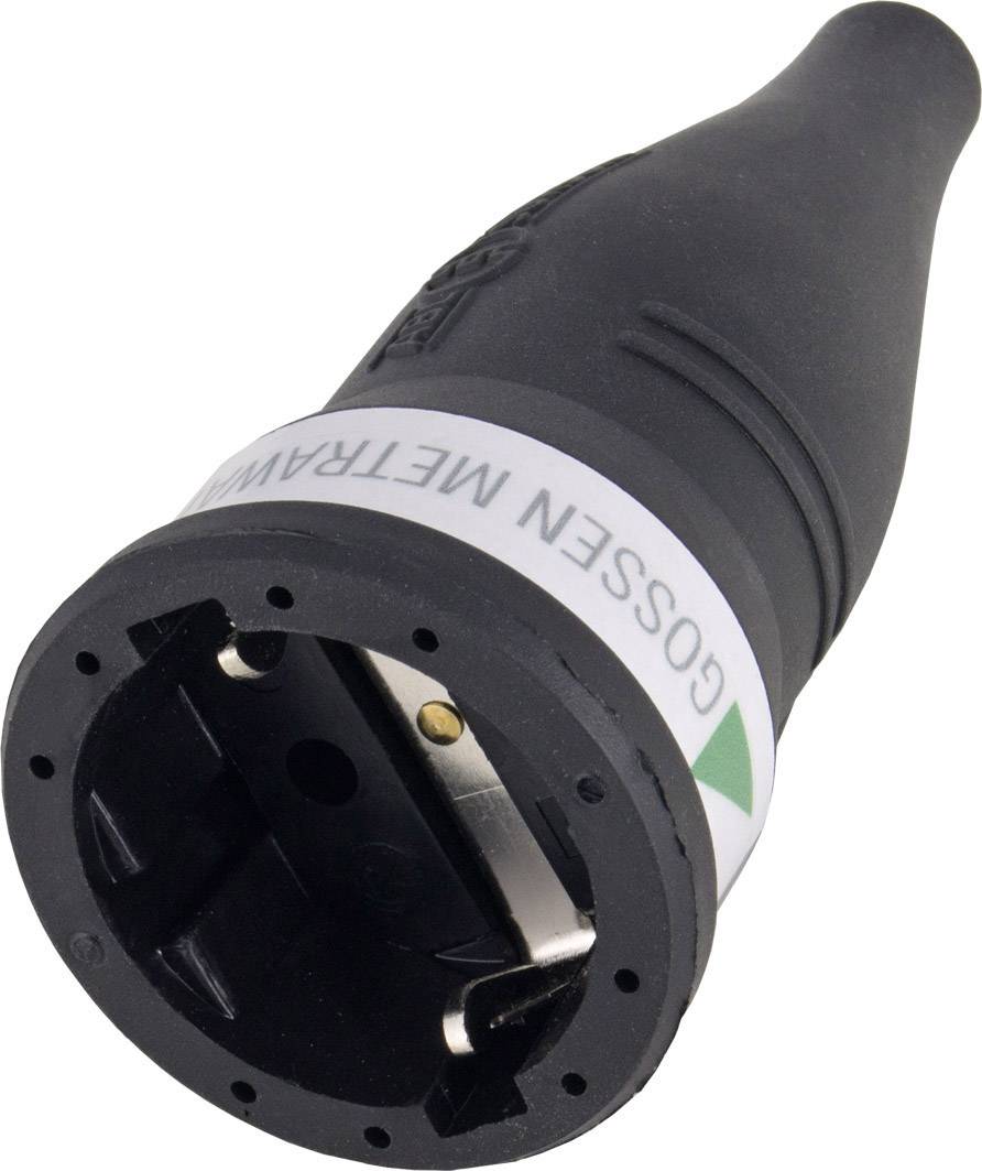 Black electric plug with 'Gossen Metrawatt' printed on it, pictured from the side with metal contacts visible.