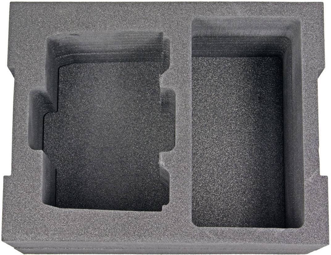 Foam insert with two cut-outs for secure storage of items.
