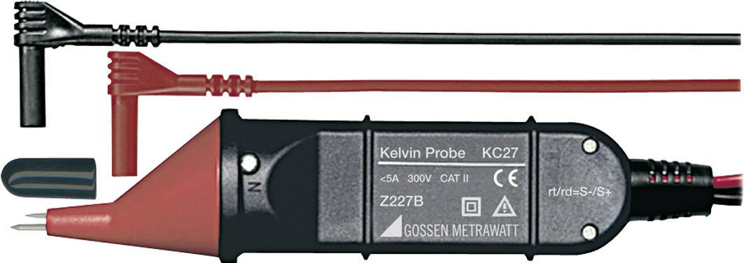 An electronic testing device with the inscription 'Kelvin Probe KC27' and 'Gossen Metrawatt', used for measuring voltages.