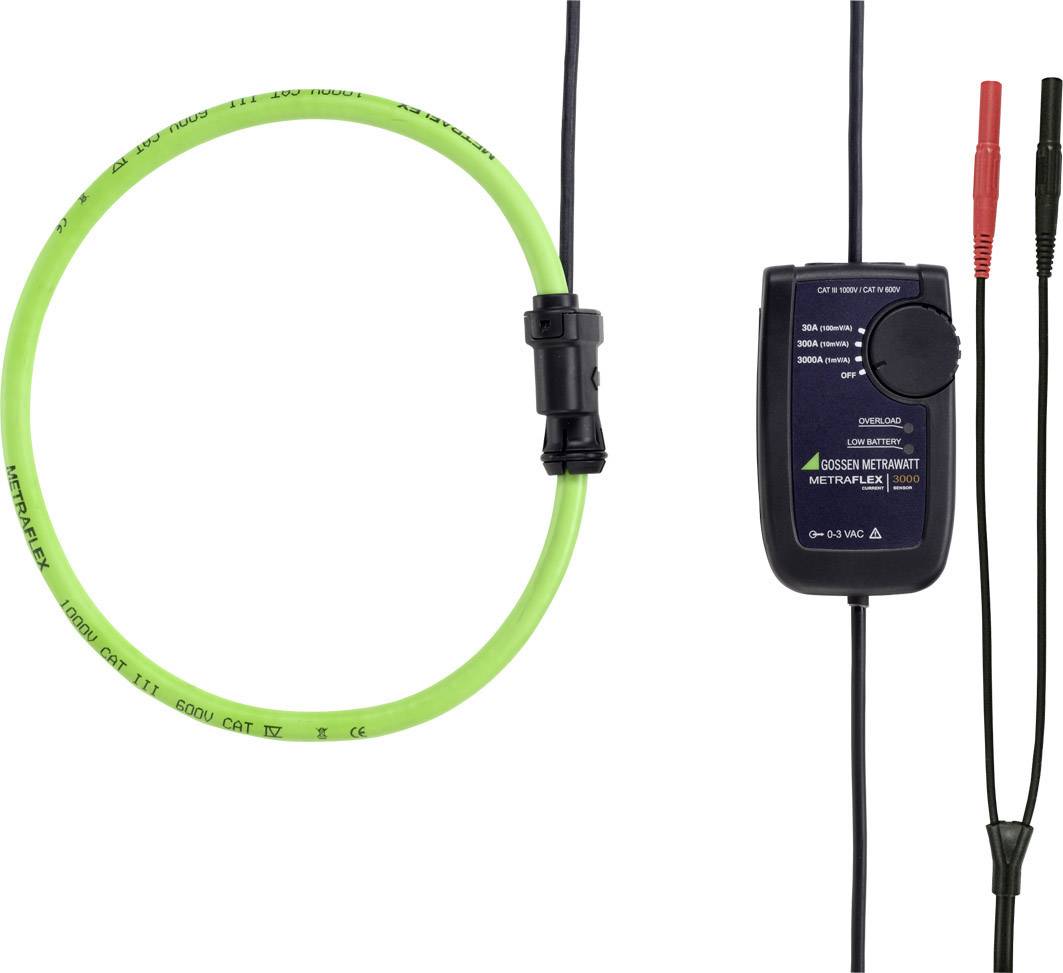 Flexible current clamp meter with green cable and black, compact display. Red and black test leads are connected.