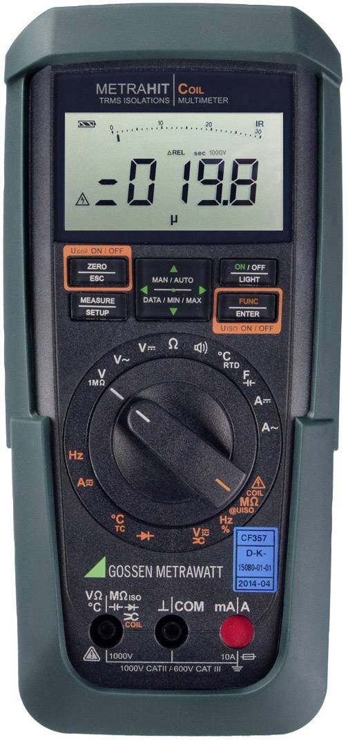 Digital multimeter with display showing '119.8 µ', with switches for various measurement functions. Brand: METRAHIT COIL.