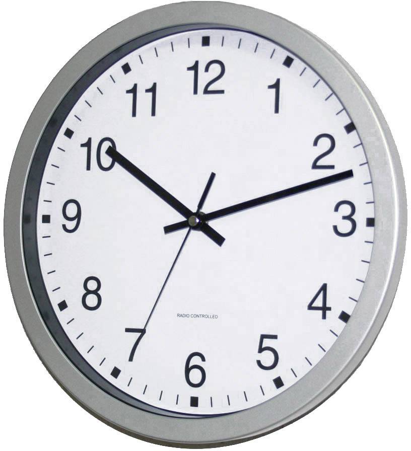 An analogue wall clock with a white face and black numbers shows 10:09.