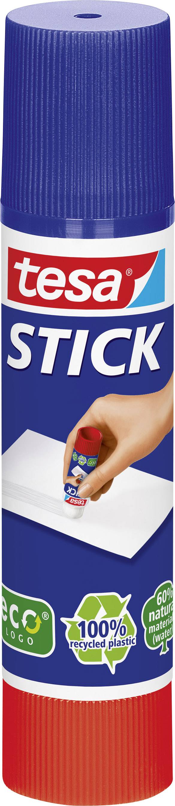 Tesa glue stick. A hand holds the glue stick, ready to use it on a sheet of paper. Packaging emphasises eco-friendliness.