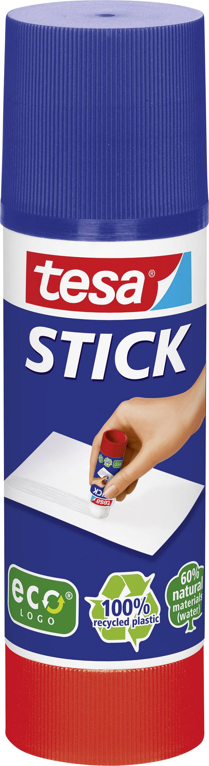 Tesa glue stick with a blue cap. Packaging shows a hand sticking to paper. Contains information about 100% recycled plastic.