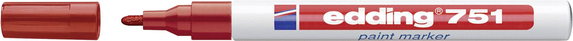 An opened red permanent marker from the 'edding 751' brand. Shows the tip and the red cap side by side.