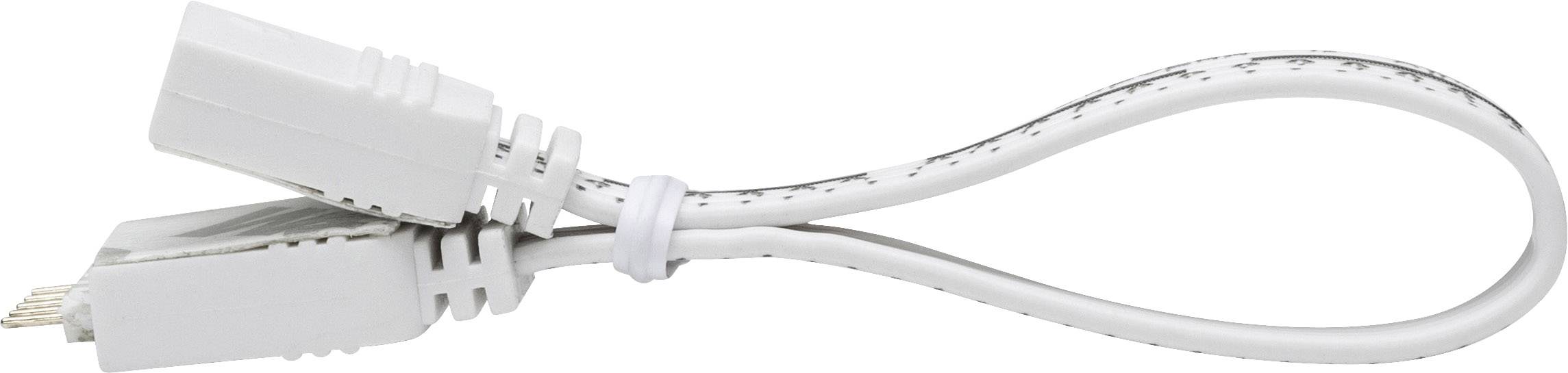 A white Ethernet cable with two plugs, connected by a short, flexible cable.