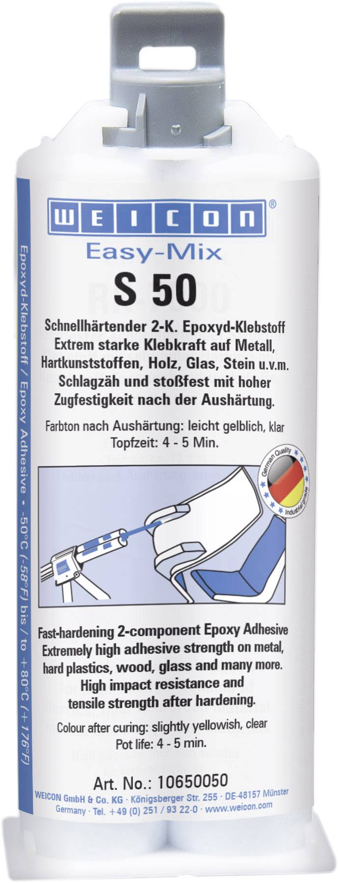 'Weicon Easy-Mix S 50' Cartridge. Fast-curing two-component epoxy adhesive for various materials. Pot life: 4-5 minutes.