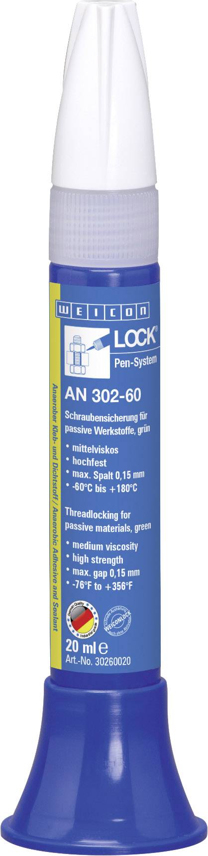 Blue vial with a pointed tip, label 'AN 302-60'. Contains 20 ml. Tamper-evident screw cap suitable for -60°C to +150°C.