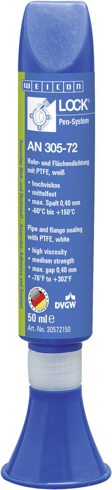Bottle of WEICONLOCK AN 305-72, thread sealant for pipes and threads, blue, 50 ml, describes properties and hazard information.