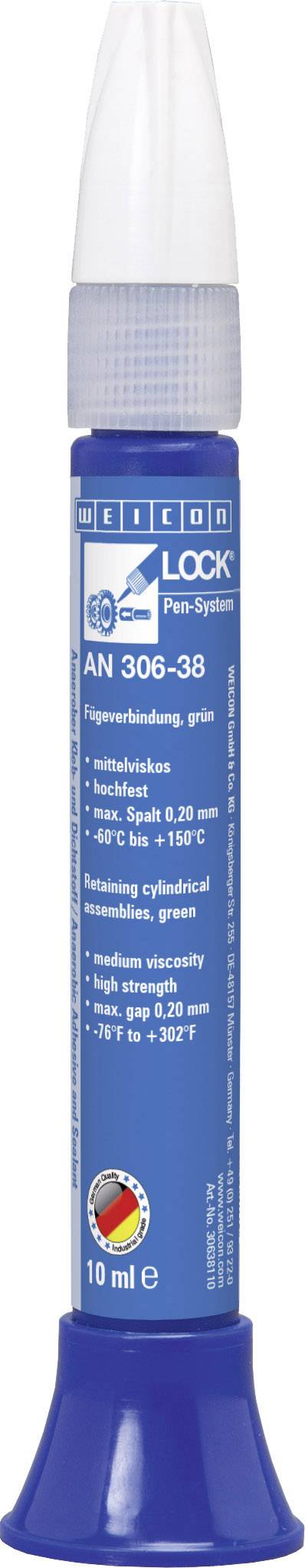 A blue adhesive bottle with a white nozzle, containing a high-strength threadlocking adhesive, suitable for temperatures ranging from -60°C to +150°C.