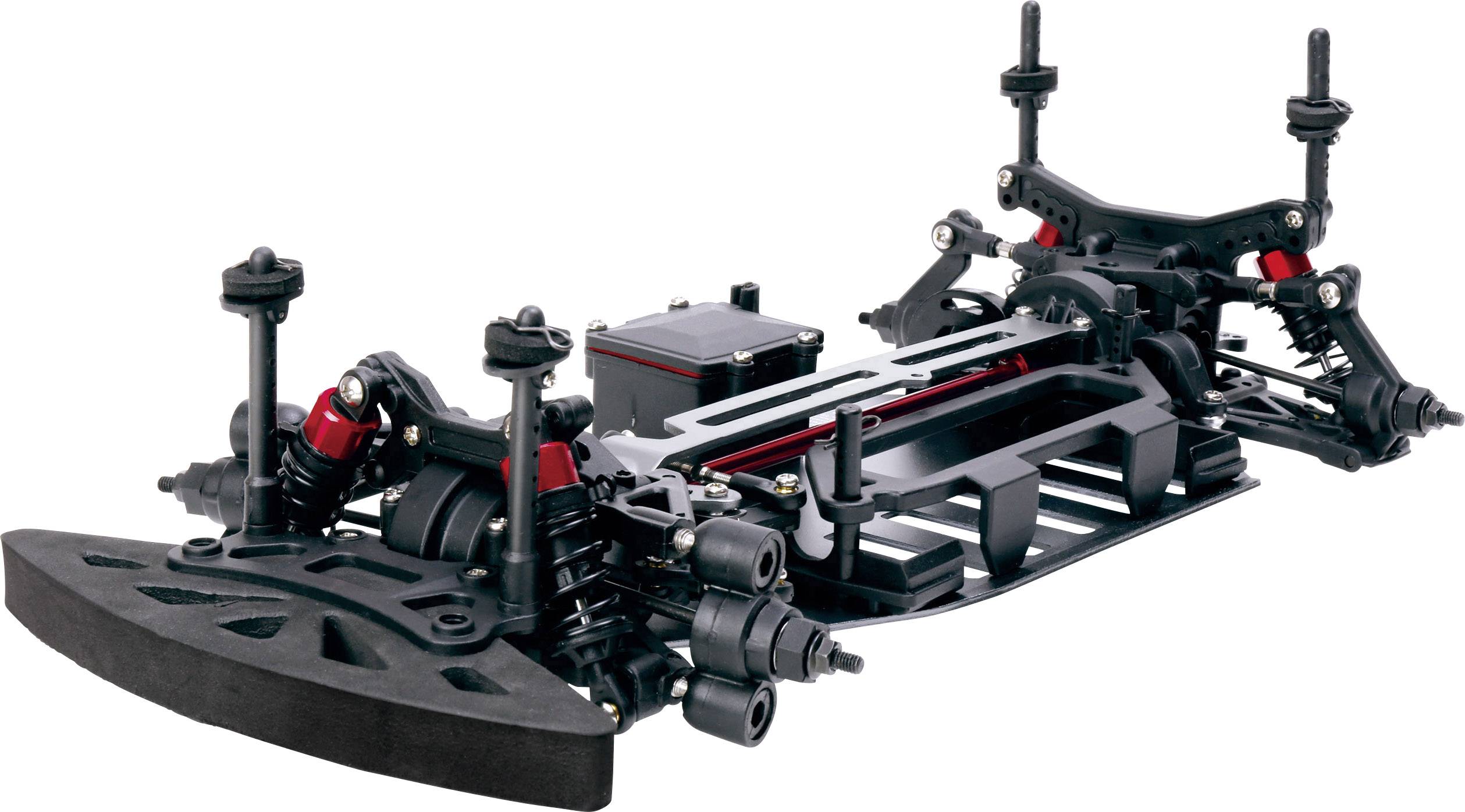 Chassis of a remote-controlled car with visible suspension and shock absorbers. Pivoting chassis without bodywork.