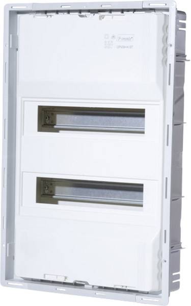 White flush-mounted distribution board with two rows for fuses or circuit breakers.