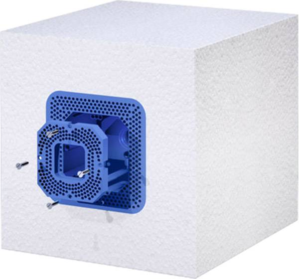 A white cube with a blue, rectangular plastic grid on one side, secured with screws.