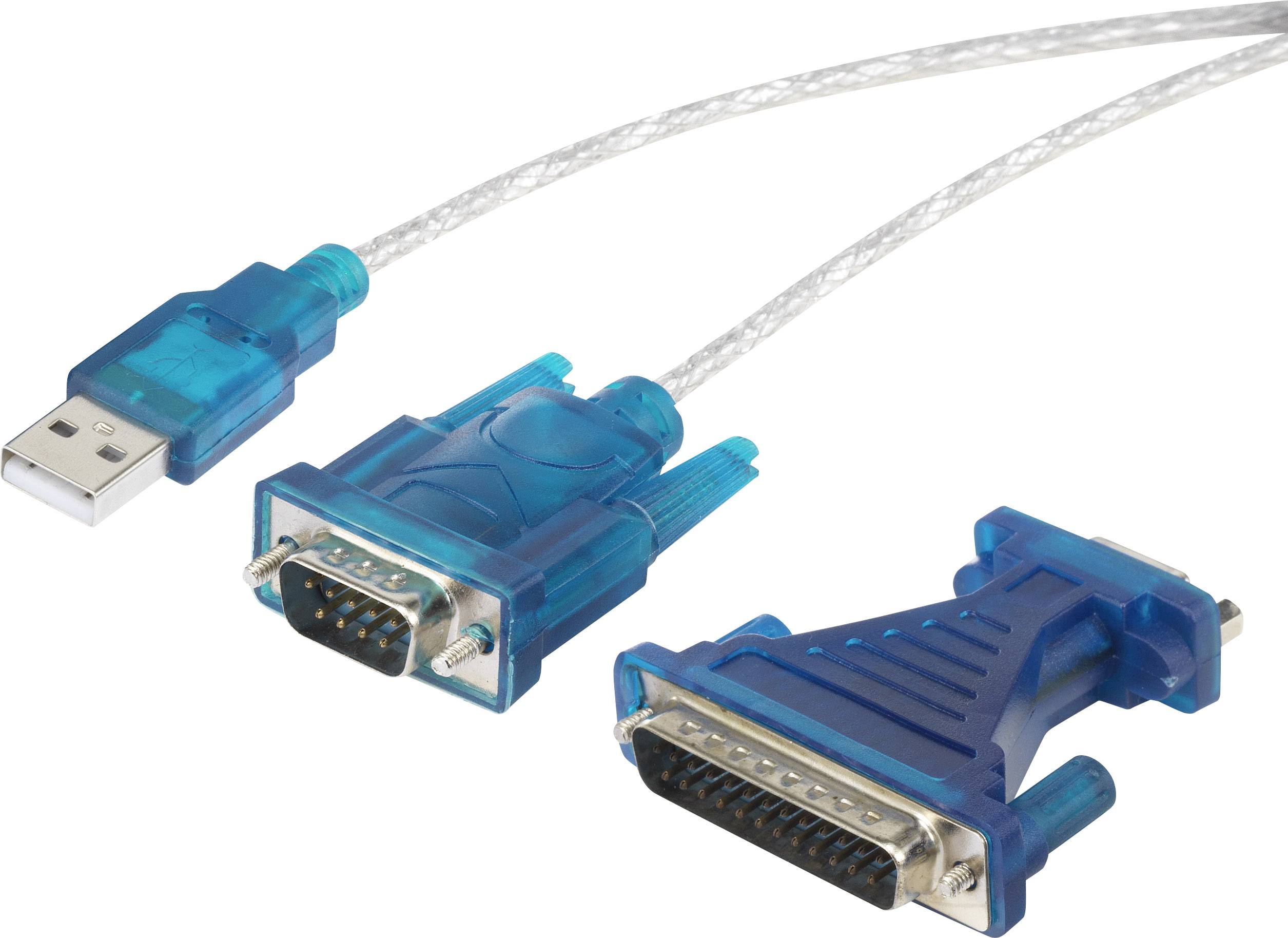 Three adapter cables on a white background: USB to VGA, VGA to serial, and parallel cable, all with blue connectors.