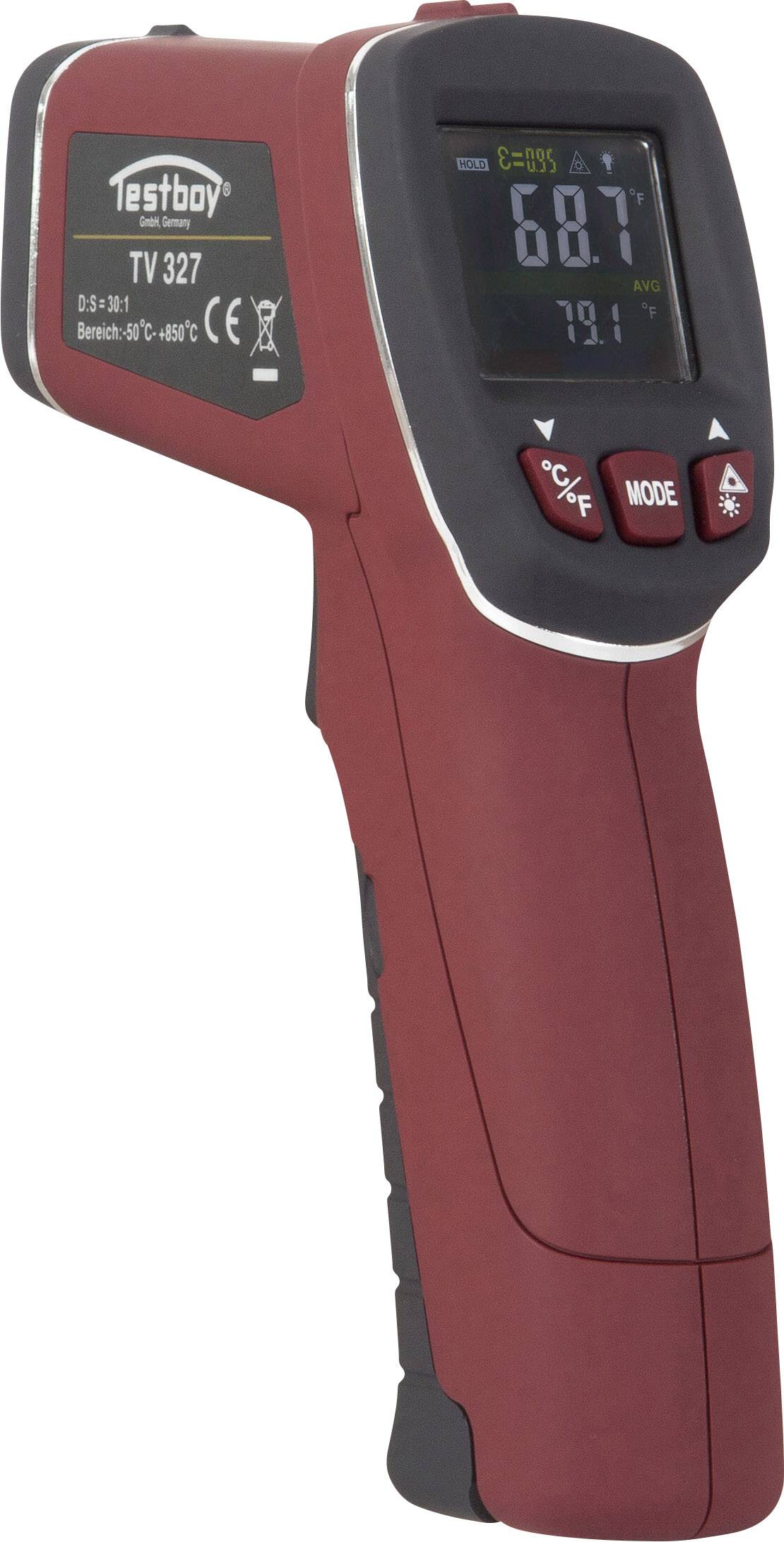 Red infrared thermometer with display showing 68.7 degrees Celsius. Brand name 'Testboy TV 327' is visible.