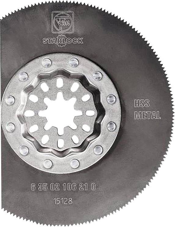 Metal saw blade with serrated edge and central fixing point, suitable for Starlock systems.