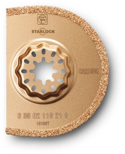 Gold-coloured Starlock saw blade with serrated edge and internal teeth, suitable for cutting hard materials.