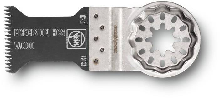 Multifunction tool saw blade with serrated edge, marked 'PRECISION HCS WOOD'. Suitable for precise wood cutting.