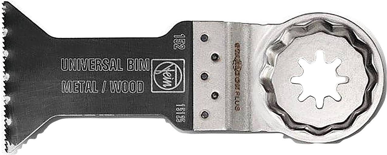 Multitool saw blade with inscription 'UNIVERSAL BIM METAL/WOOD', suitable for metal and wood. Serrated edge and star-shaped connection.